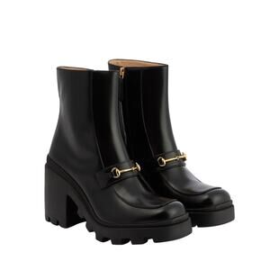 NIB Gucci Horsebit Ankle Boots EU 38 US 8 Black Leather Platform Bootie $1,590